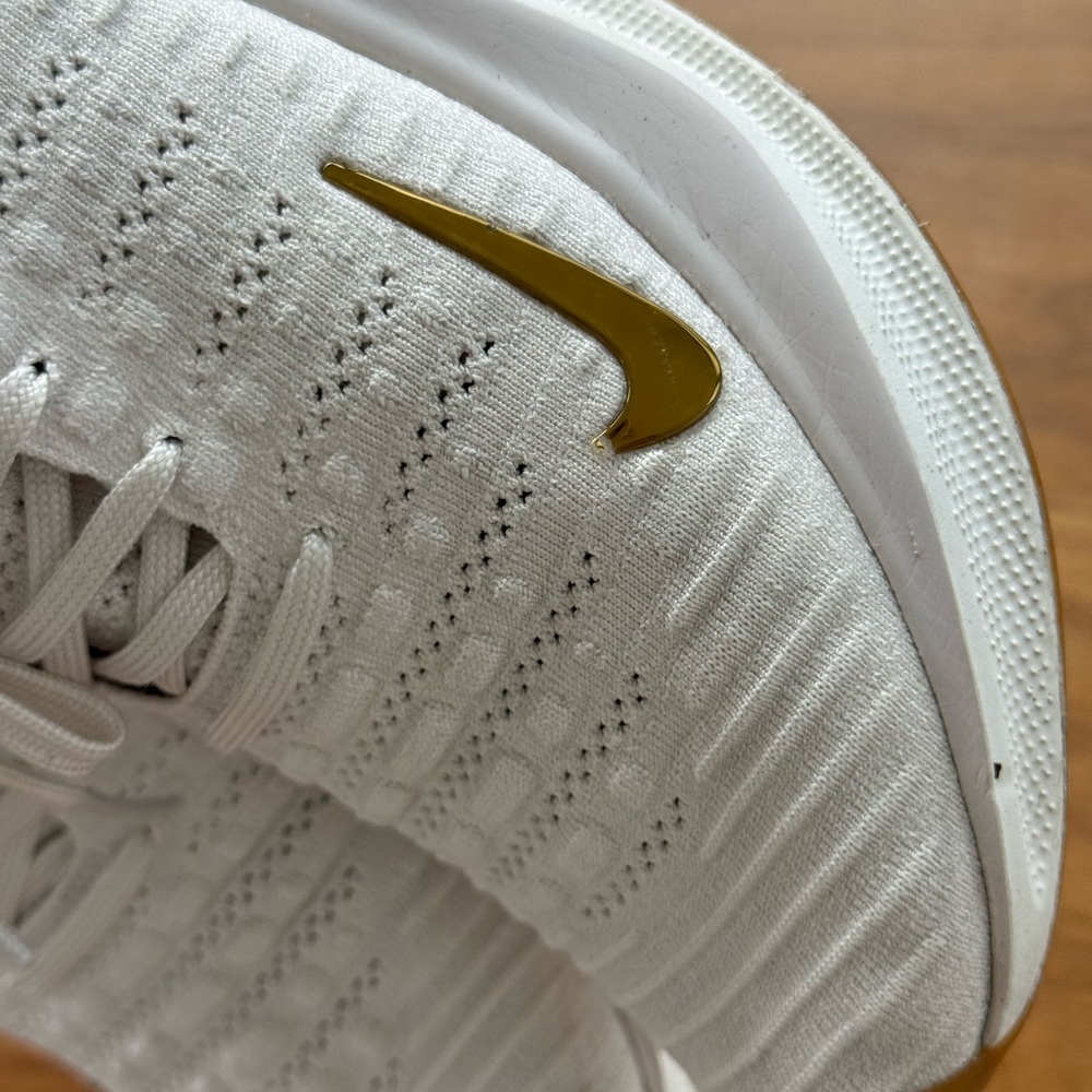 Nike White Women's Flyknit Running Shoes with Gold Swoosh - Picture 8 of 10